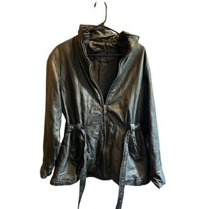 Jacqueline Ferrar Black‎ Leather Jacket Women's Large Belted